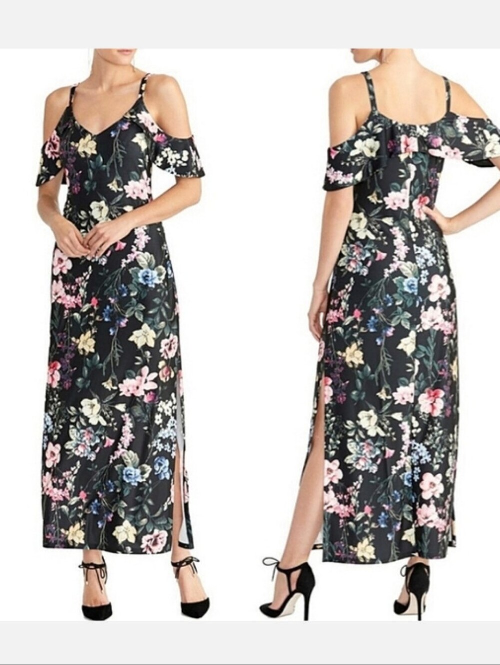 Rachel Roy NWT XL Black Floral Cold Shoulder Maxi Dress Spaghetti Strap